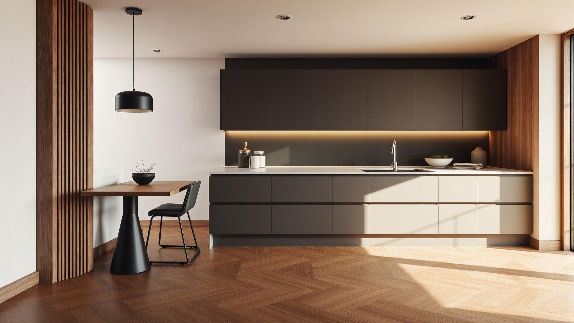 Hochwertiges Interieur mit Parkett und matter Küchenfront